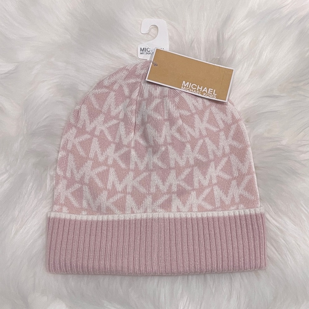 NEW Michael Kors Pink‎ MK Logo Monogram Ribbed Knit Beanie Winter Hat